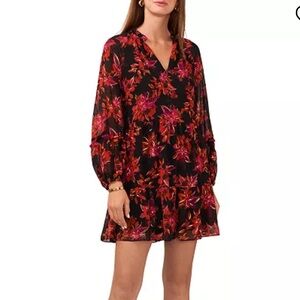 Women's Split-Neck Long-Sleeve Babydoll Dress SMALL